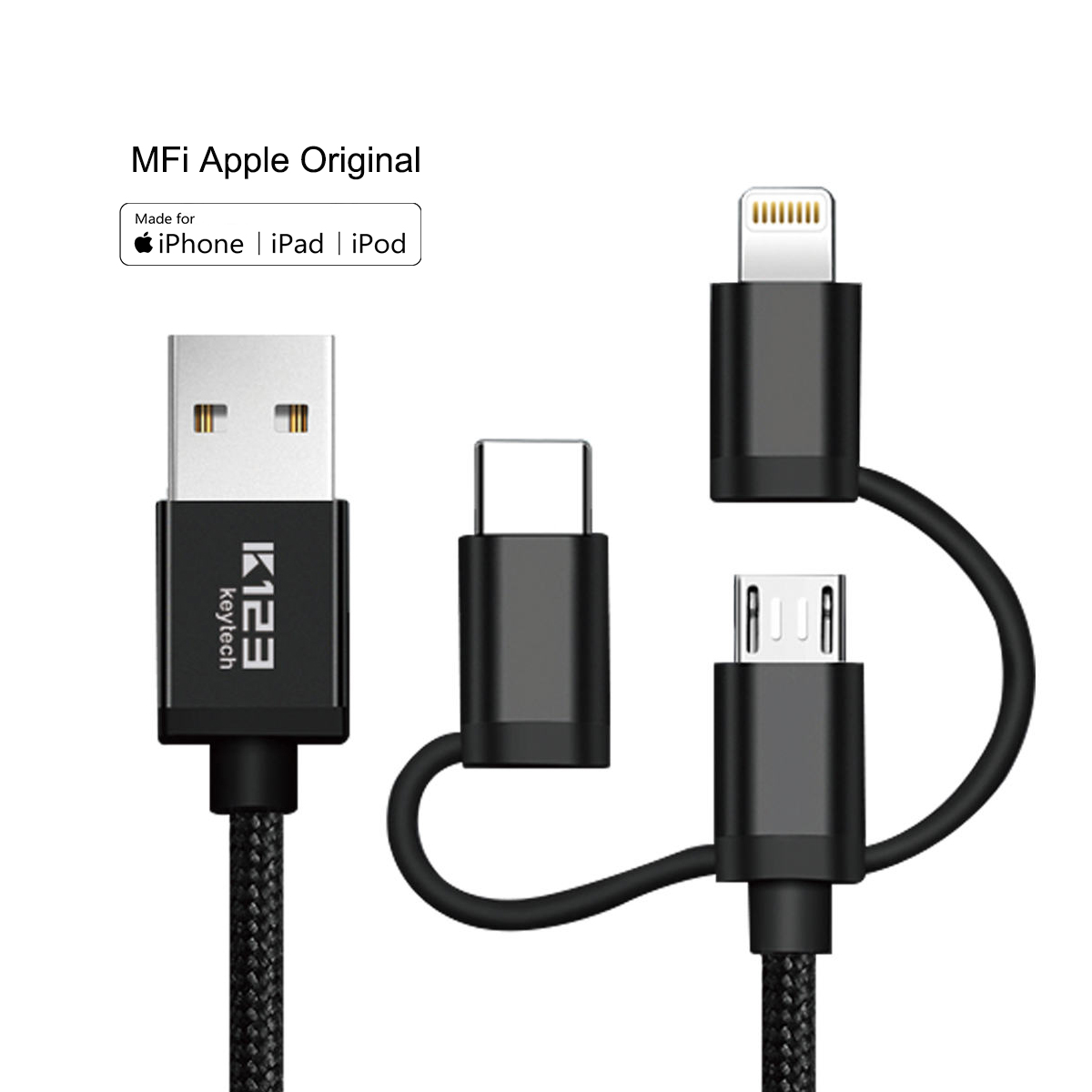 KAL009 Нейлоновая оплетка 3 в 1 USB-кабель Быстрое зарядное устройство для iPhone Android Mico Многофункциональное высокоскоростное использование